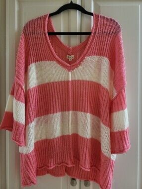 NEW POL brand Pink Ivory Stripe V Neck Long Bell sleeve knit Top Sz Small NWOT